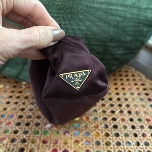 Prada Eggplant Purple Satin Top Zip Brush Pen Makeup Pouch Bag Case